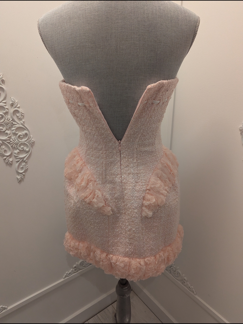 Lacemade Strapless Pink Tweed Mini Dress with Ruffle Trim - Picture 3 of 7